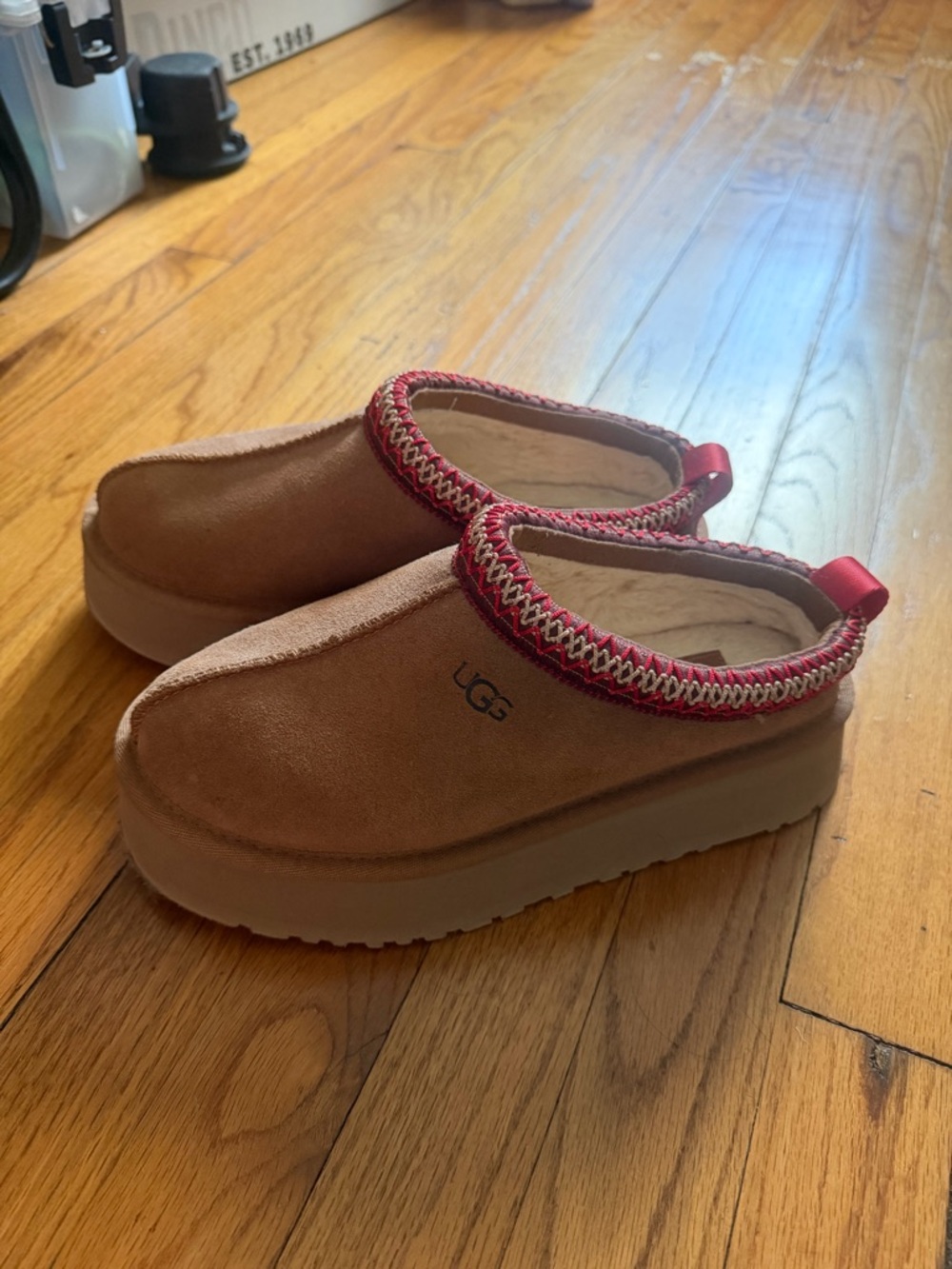UGG Tazz II Chestnut Suede Slip-On with Red Braided Trim